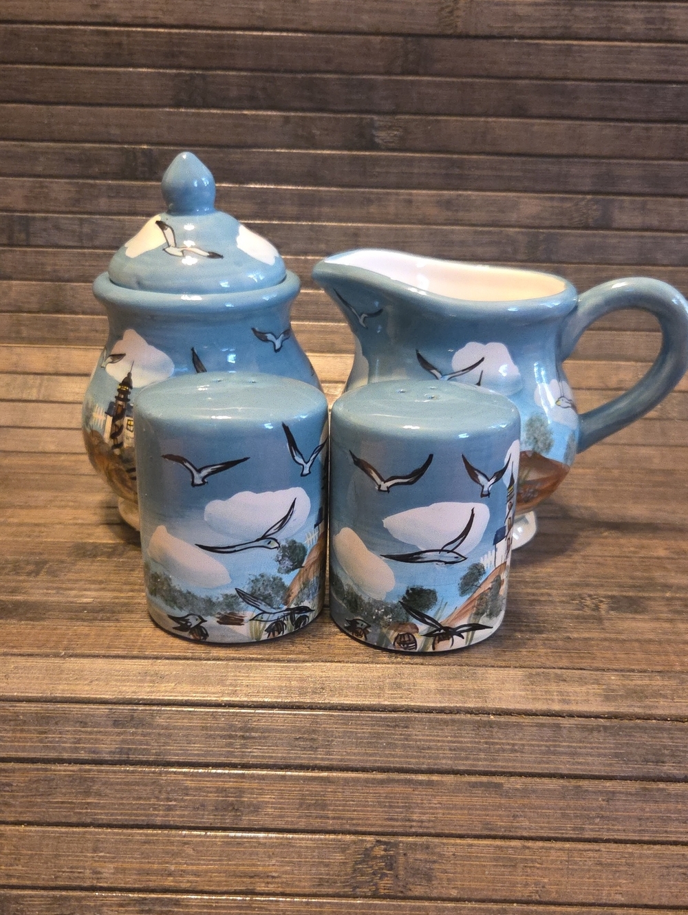 Young's Hand-Painted Seagull Lighthouse Sugar Creamer Salt & Pepper Set